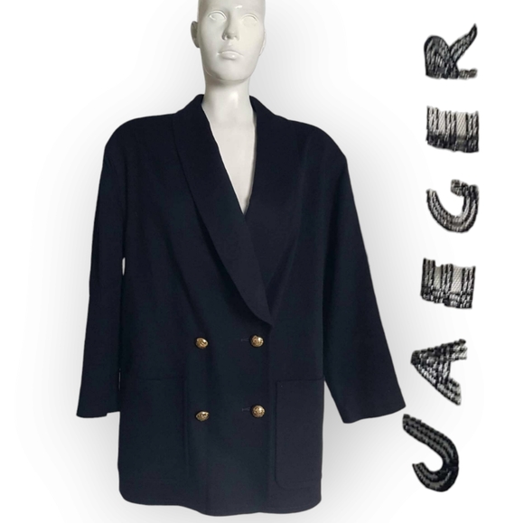Vintage Jaeger navy double breasted long lapel oversized gold hardware wool med. - Picture 3 of 13
